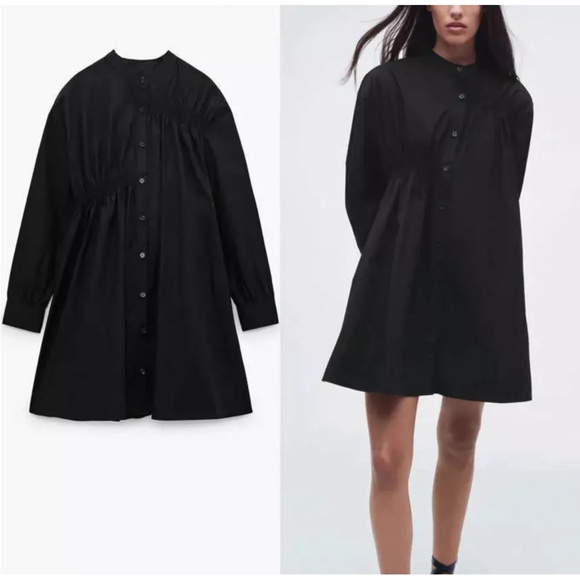 Zara Dresses & Skirts - Zara The Etta Black Poplin Baby Doll Button Up Mini Dress Women Size S